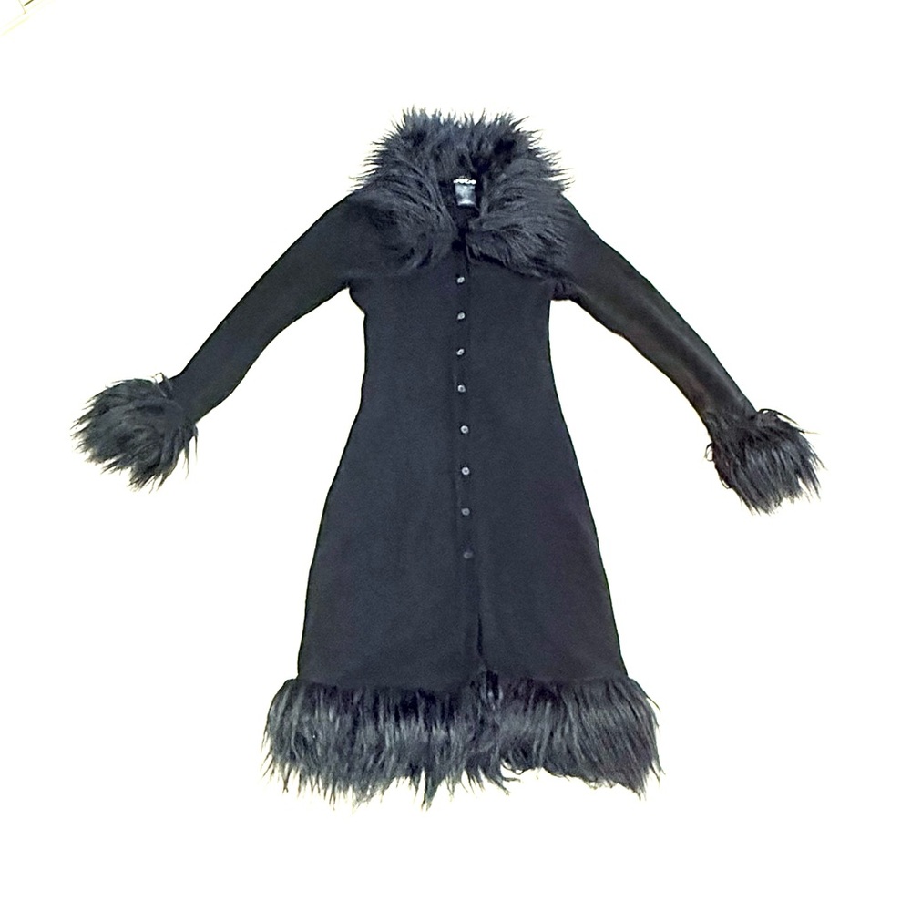 Bebe Black Fur Trim Long Cardigan